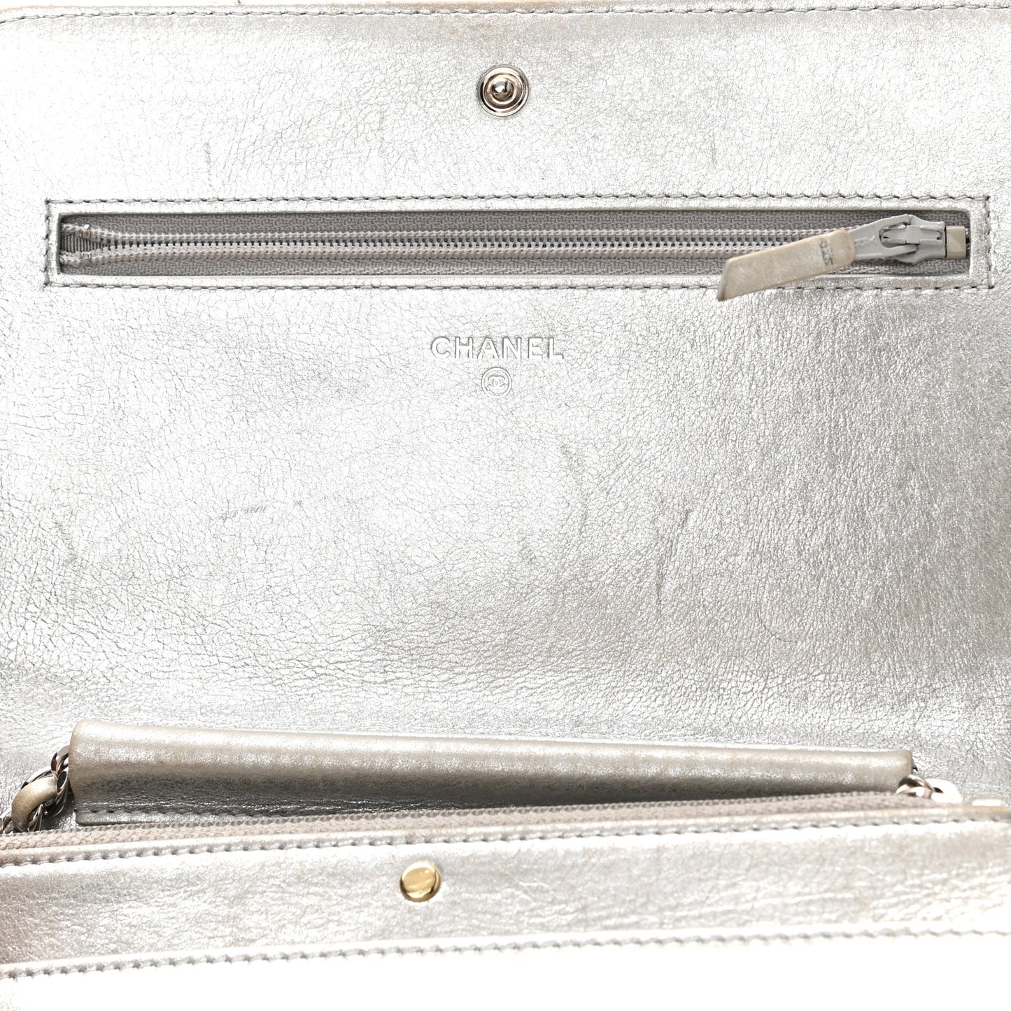 Metallic Lambskin Wallet on Chain WOC Silver