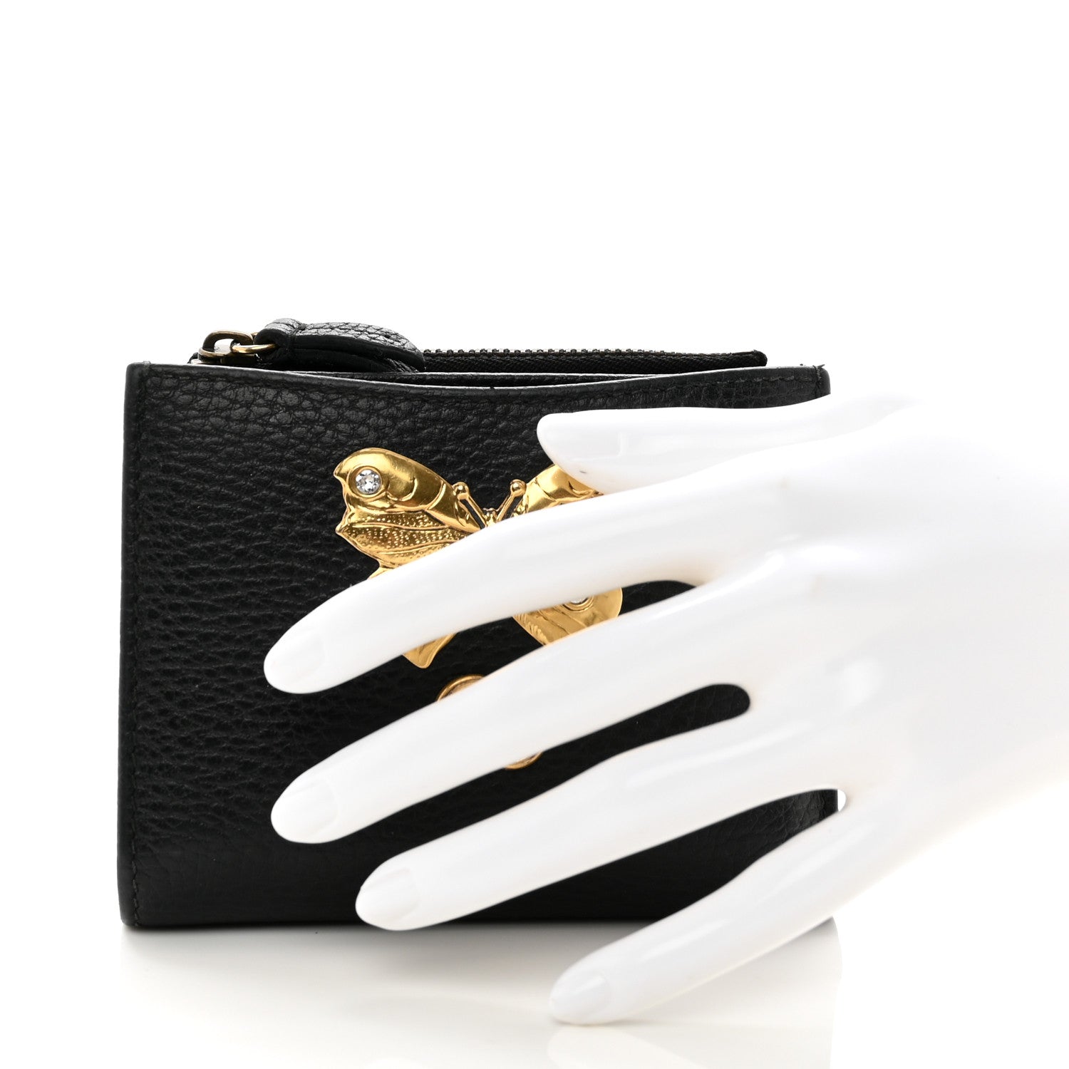 Gucci Pebbled Calfskin Butterfly Card Case Wallet Black 2 of 9