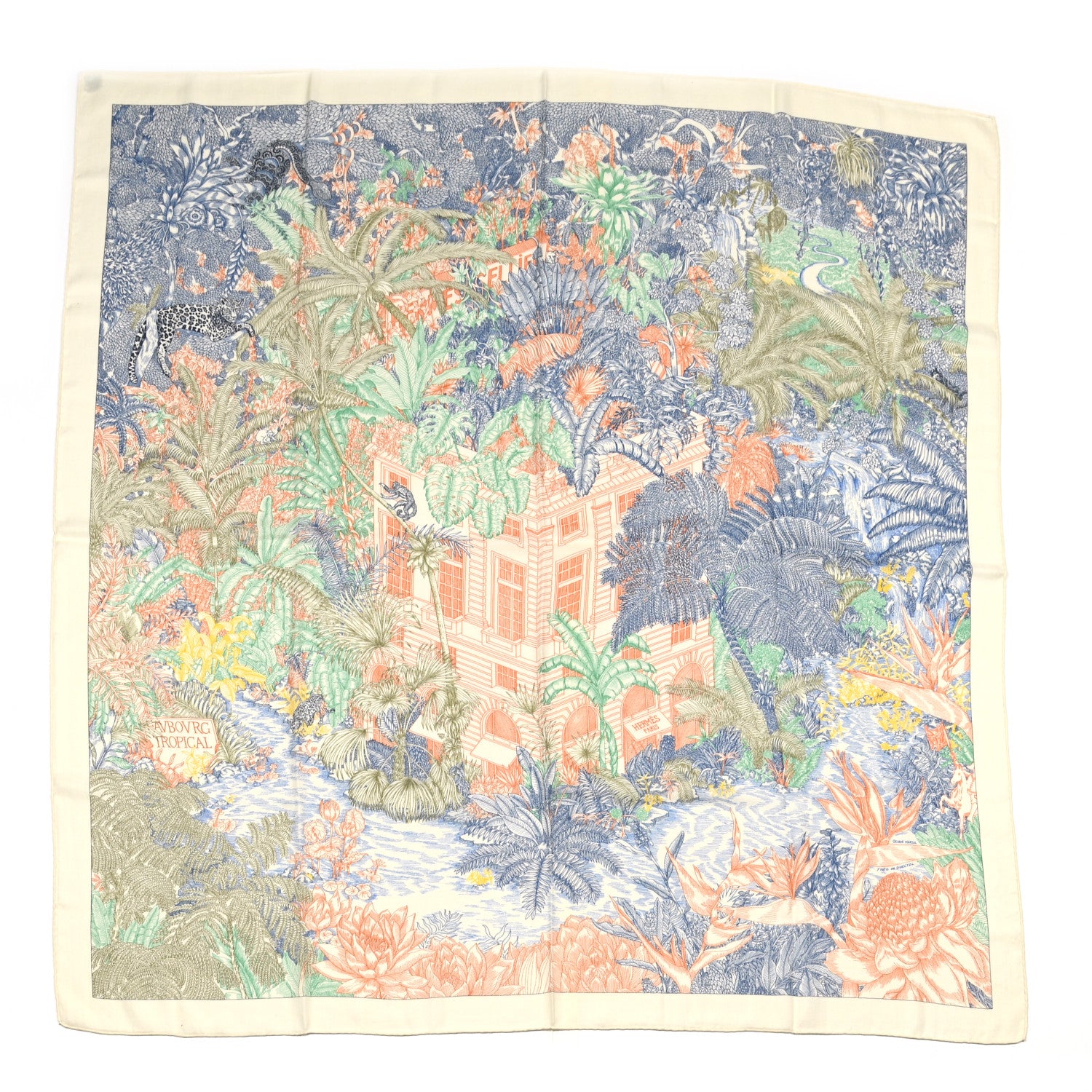 Hermes Cashmere Silk Faubourg Tropical Shawl 140 White Bleu Abricot 1 of 6