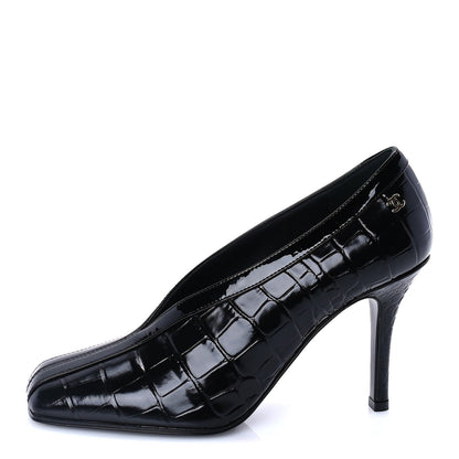 Chanel Crocodile Embossed Patent Calfskin Pumps 37 Black 1 of 8