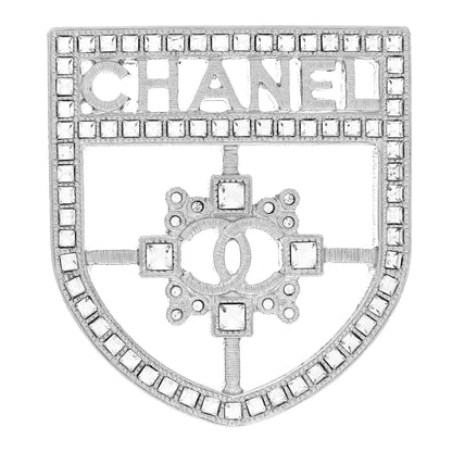 Chanel Swarovski Baguette Crystal CC Shield Brooch Silver 1 of 3