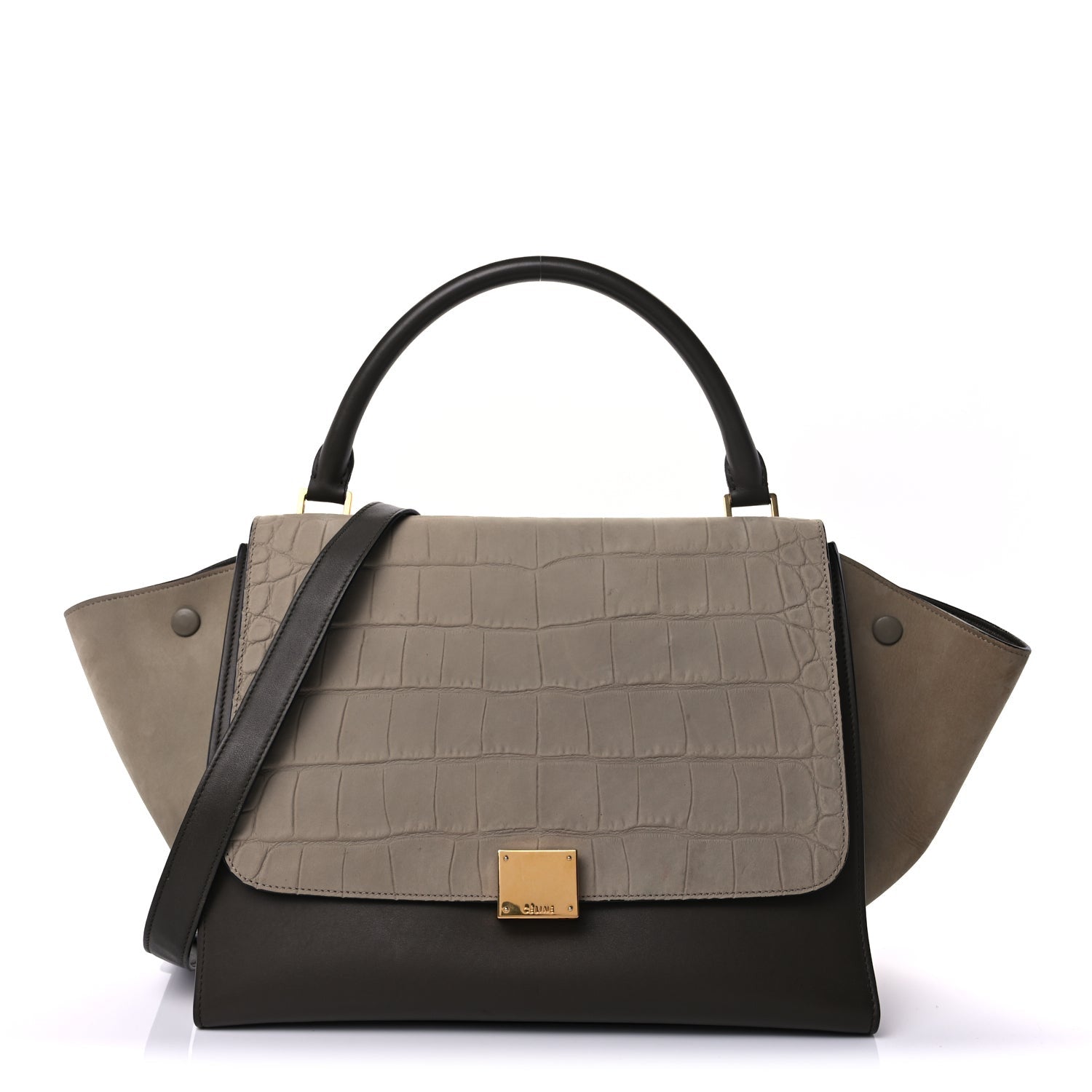 Celine Crocodile Embossed Calfskin Suede Medium Trapeze Taupe 1 of 8