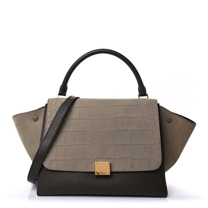 Celine Crocodile Embossed Calfskin Suede Medium Trapeze Taupe 1 of 8
