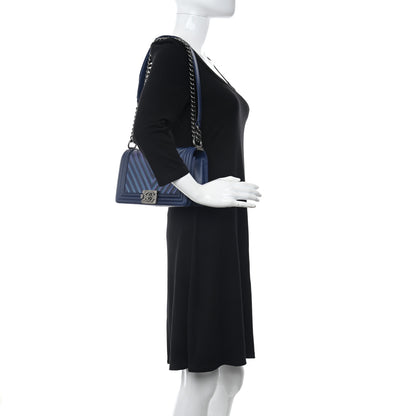 Chanel Calfskin Painted Chevron Embossed Medium Boy Flap Navy 2 of 11