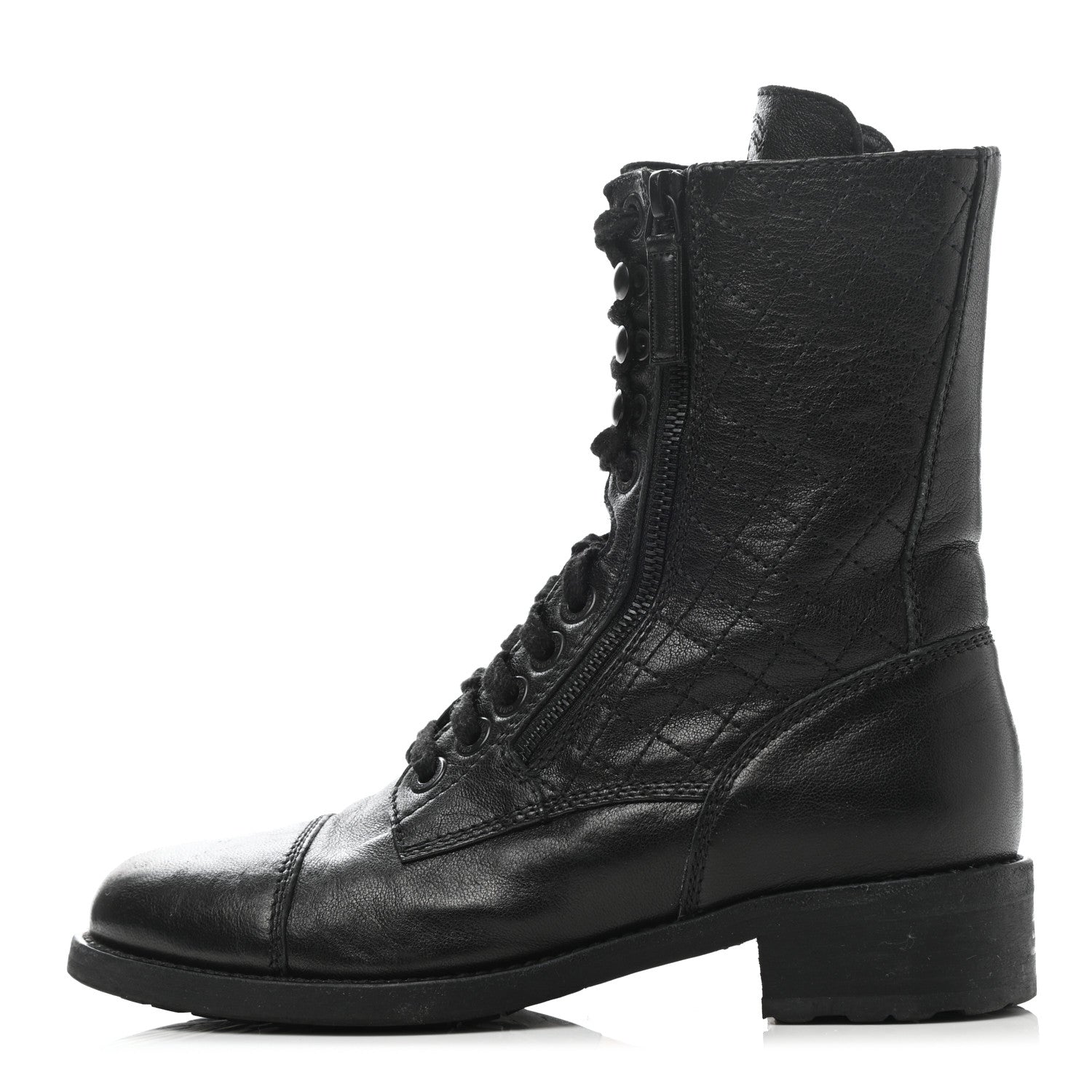 Chanel Sheepskin Quilted CC Tall Lace Up Combat Boots 38 Black 1 of 10