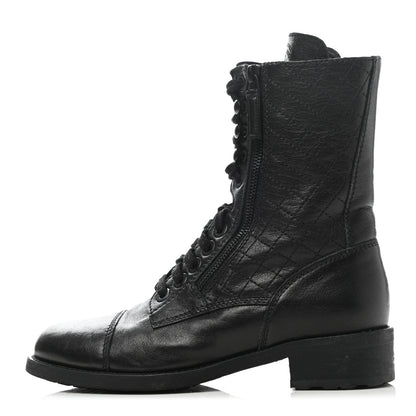Chanel Sheepskin Quilted CC Tall Lace Up Combat Boots 38 Black 1 of 10