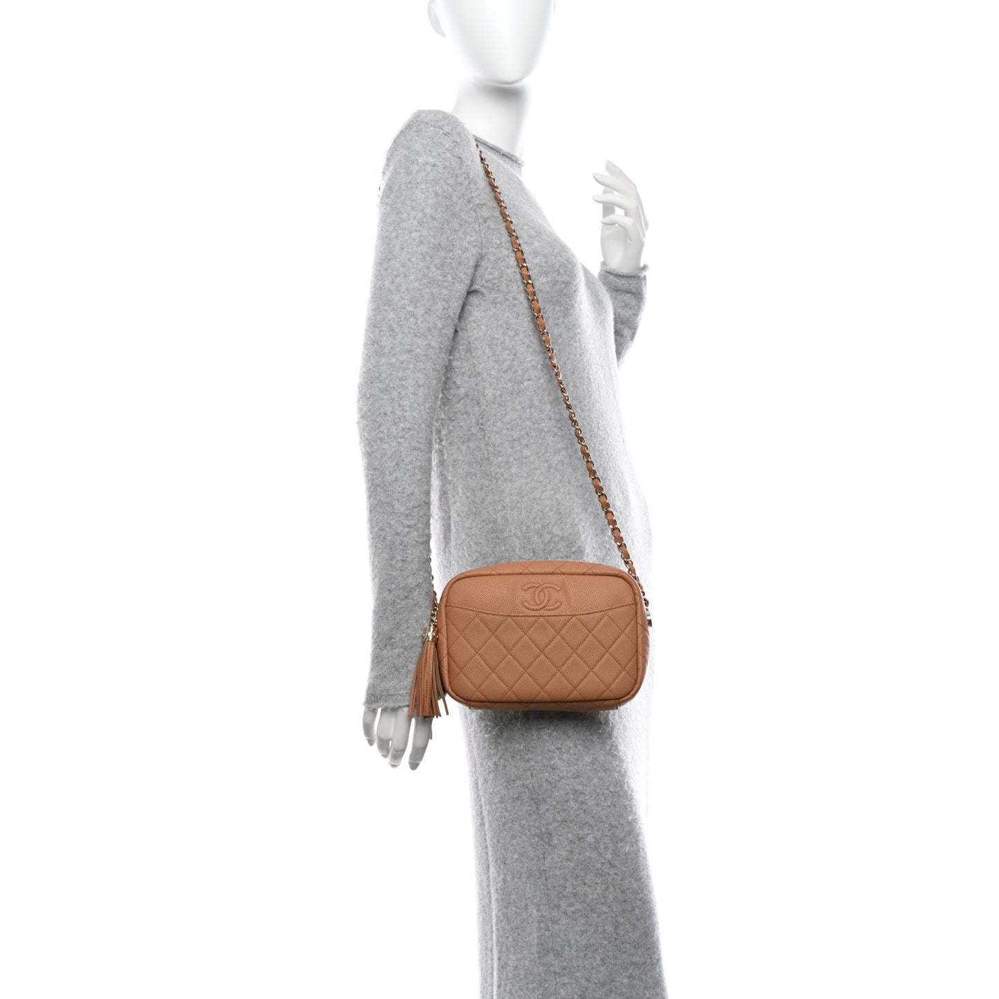 Caviar Quilted Coco Tassel Camera Case Beige