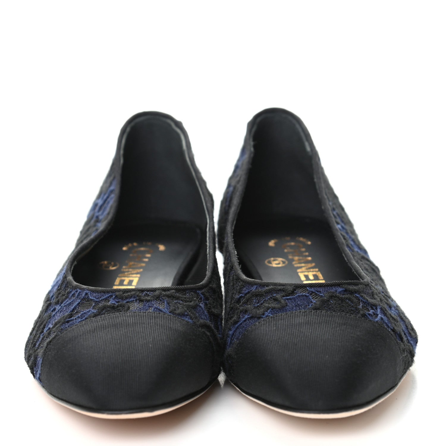 Chanel Lace Grosgrain Cap Toe CC Flats 37 Blue Black 2 of 7