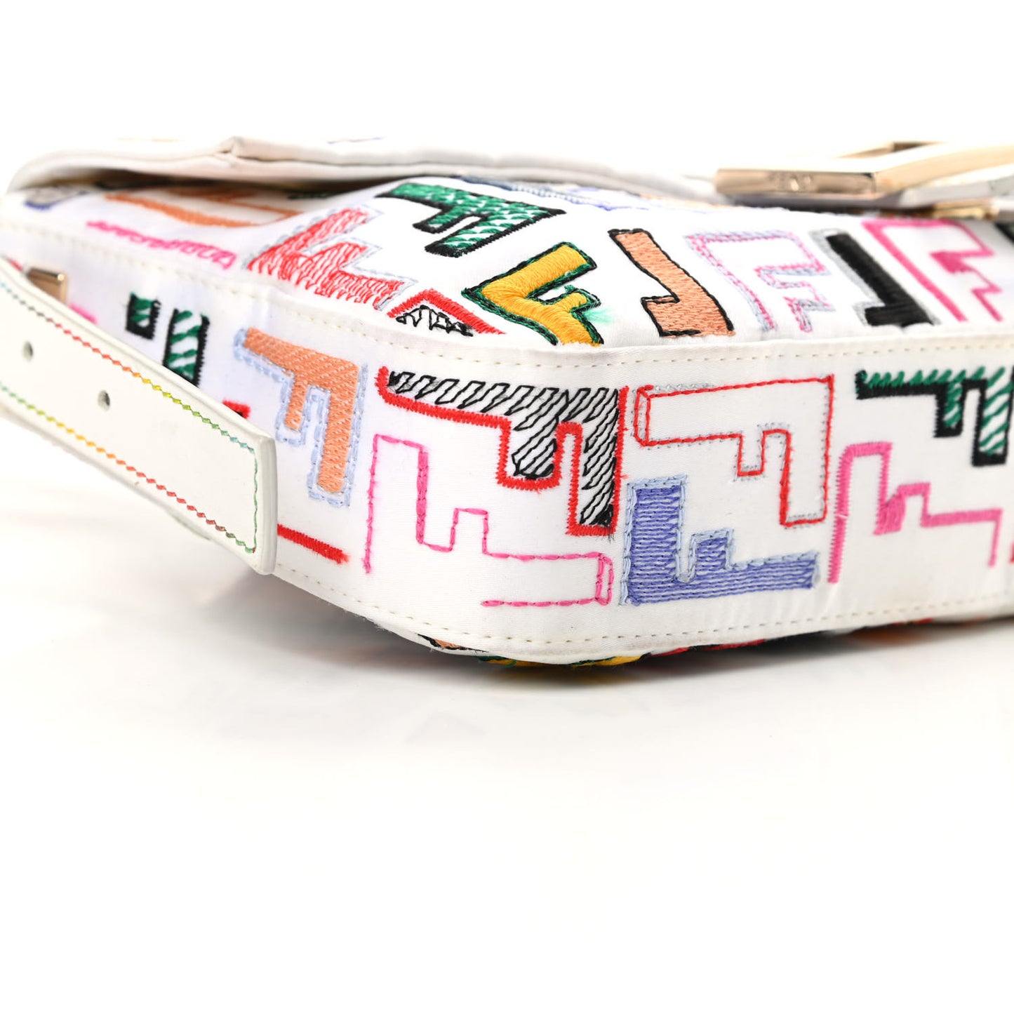 Nylon FF Multicolor Embroidered Baguette Multicolor White