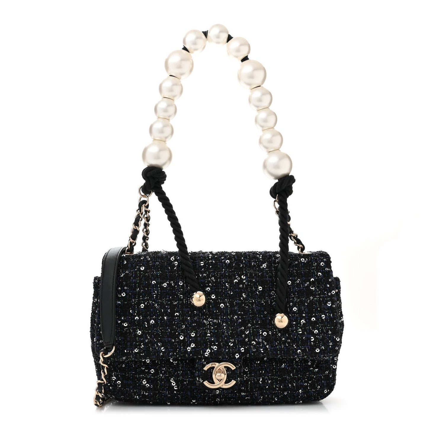 Tweed Medium Pearl Handle Flap Black Ecru