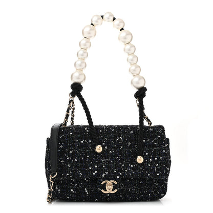 Chanel Tweed Medium Pearl Handle Flap Black Ecru 1 of 7