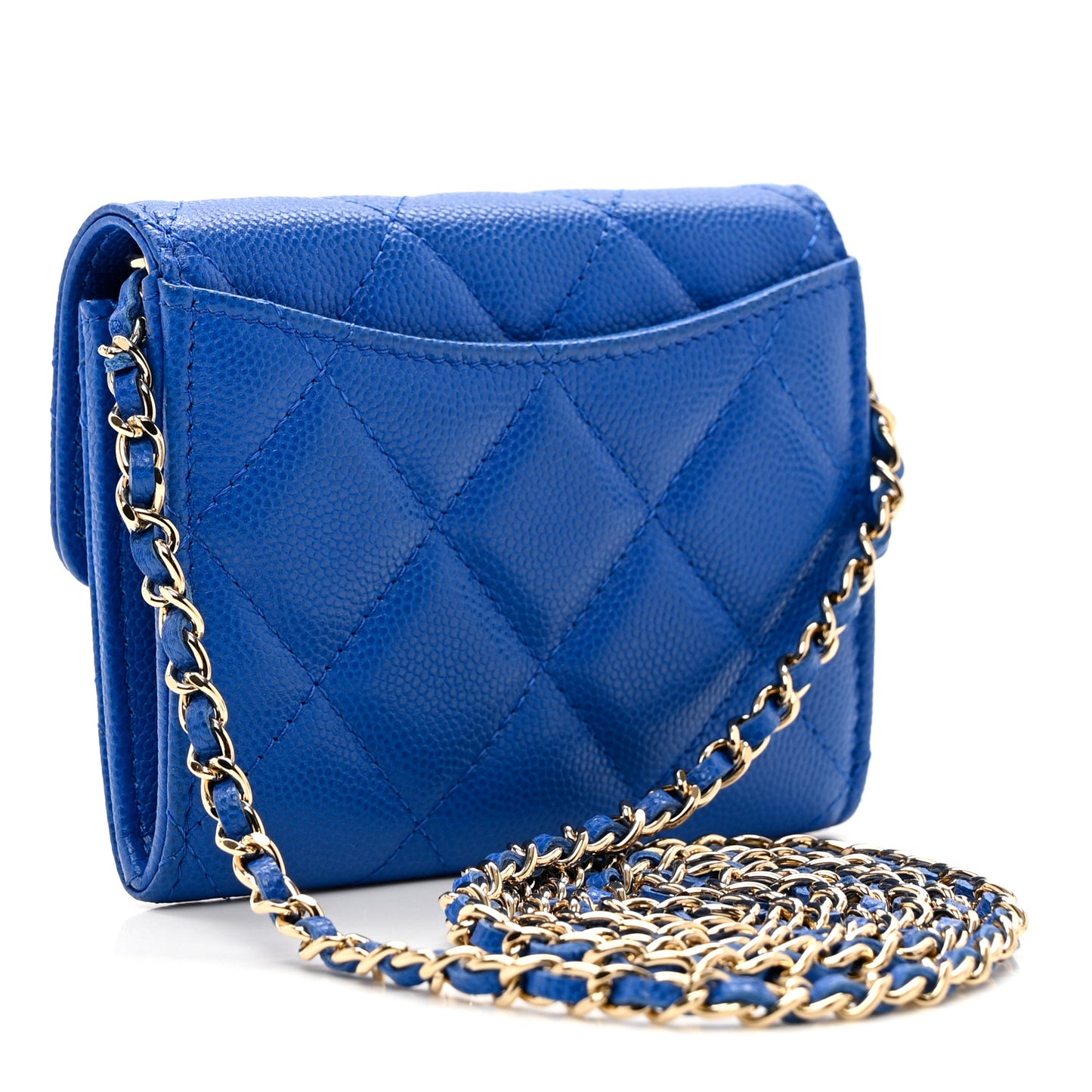Caviar Quilted Flap Card Holder On Chain Blue