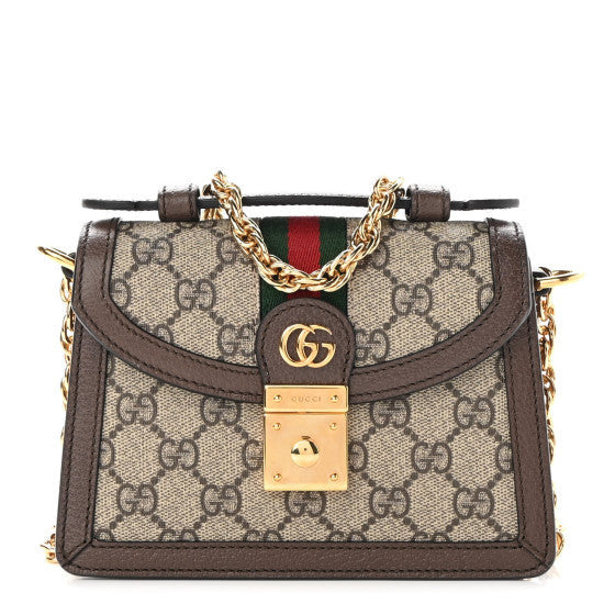 Gucci GG Supreme Monogram Textured Dollar Calfskin Web Mini Ophidia Padlock Top Handle Chain Shoulder Bag Beige Ebony New Acero 1 of 1