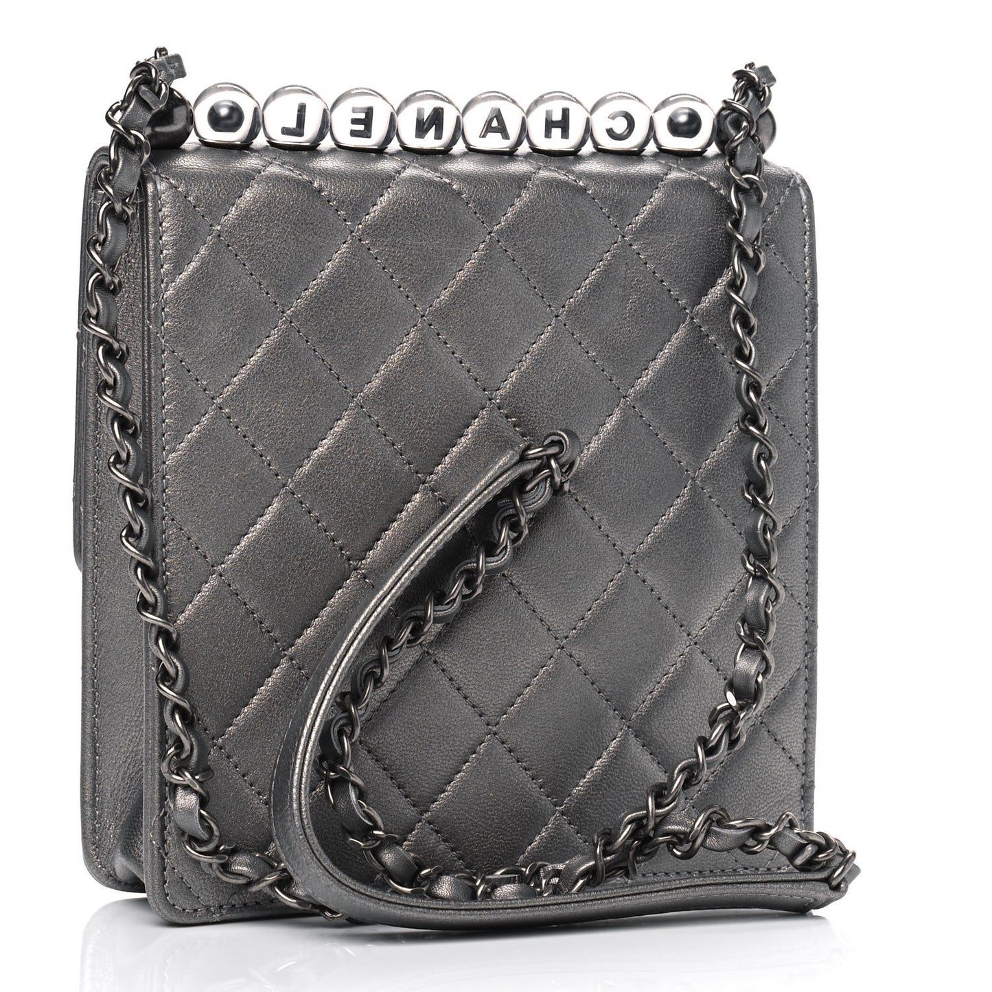 Metallic Goatskin Quilted Chic Pearls Flap Silver