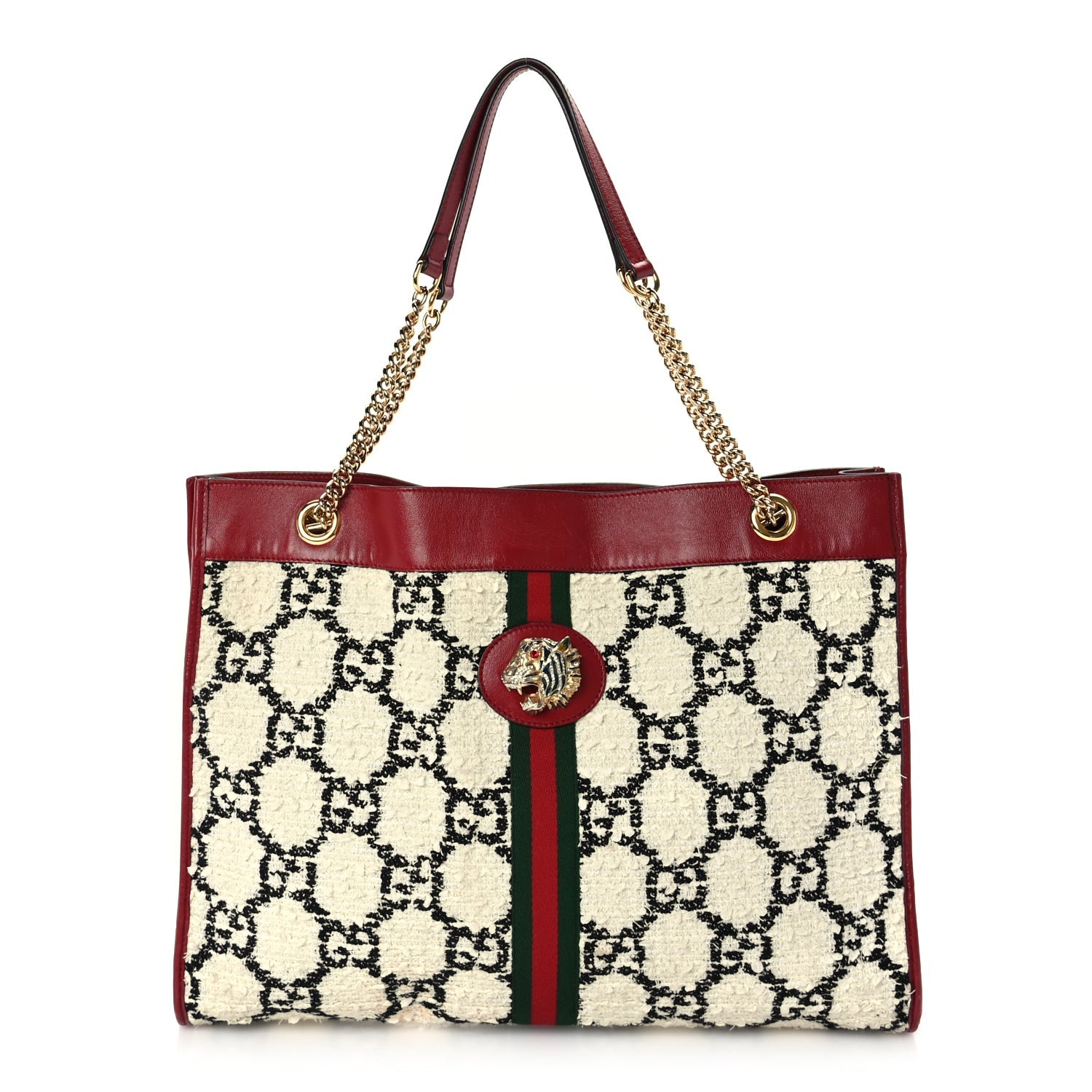 Gucci Tweed GG Monogram Large Rajah Chain Tote  White Black Romantic Cherry 1 of 10