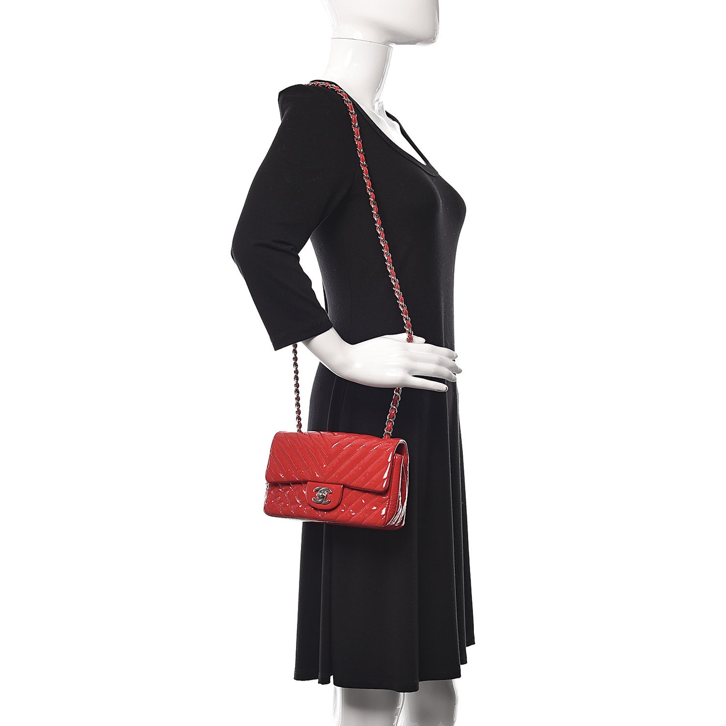 Patent Calfskin Chevron Quilted Mini Rectangular Flap Red