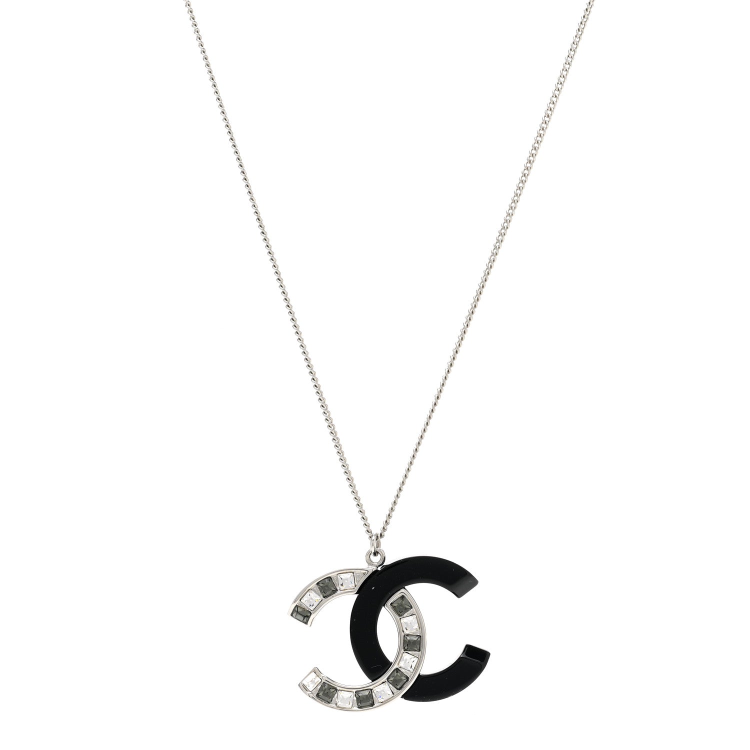 Chanel Resin Crystal Baguette CC Necklace Silver Black 1 of 6