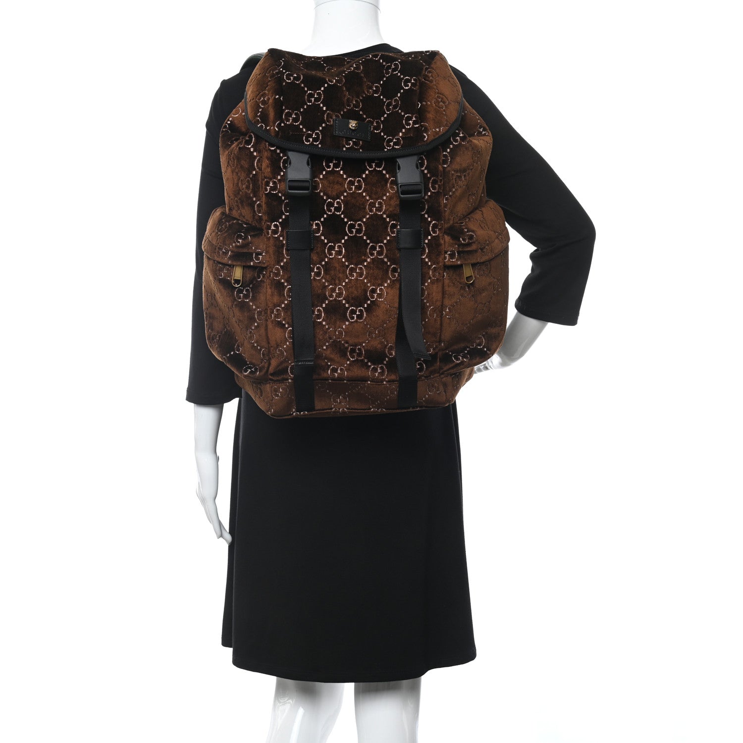 Gucci Velvet GG Monogram Web Medium Double Buckle Backpack Brown Black 2 of 10