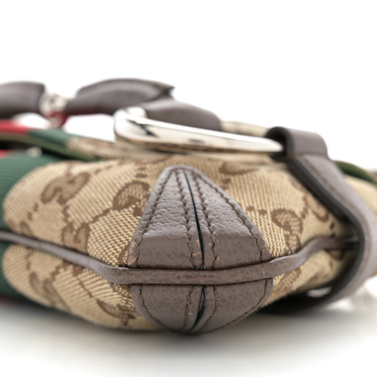 Gucci Monogram Textured Dollar Calfskin Heavy Grosgrain Web Small Maxi Horsebit Chain Shoulder Bag Beige Ebony New Acero 10 of 13