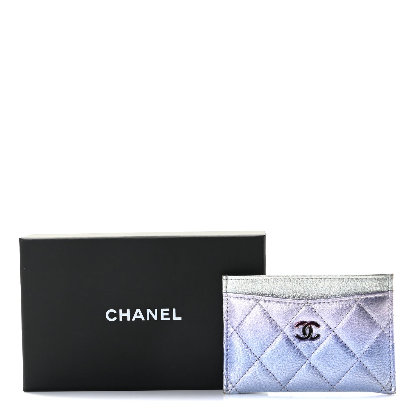 Gradient Metallic Calfskin Quilted Card Holder Silver Blue Yellow Purple
