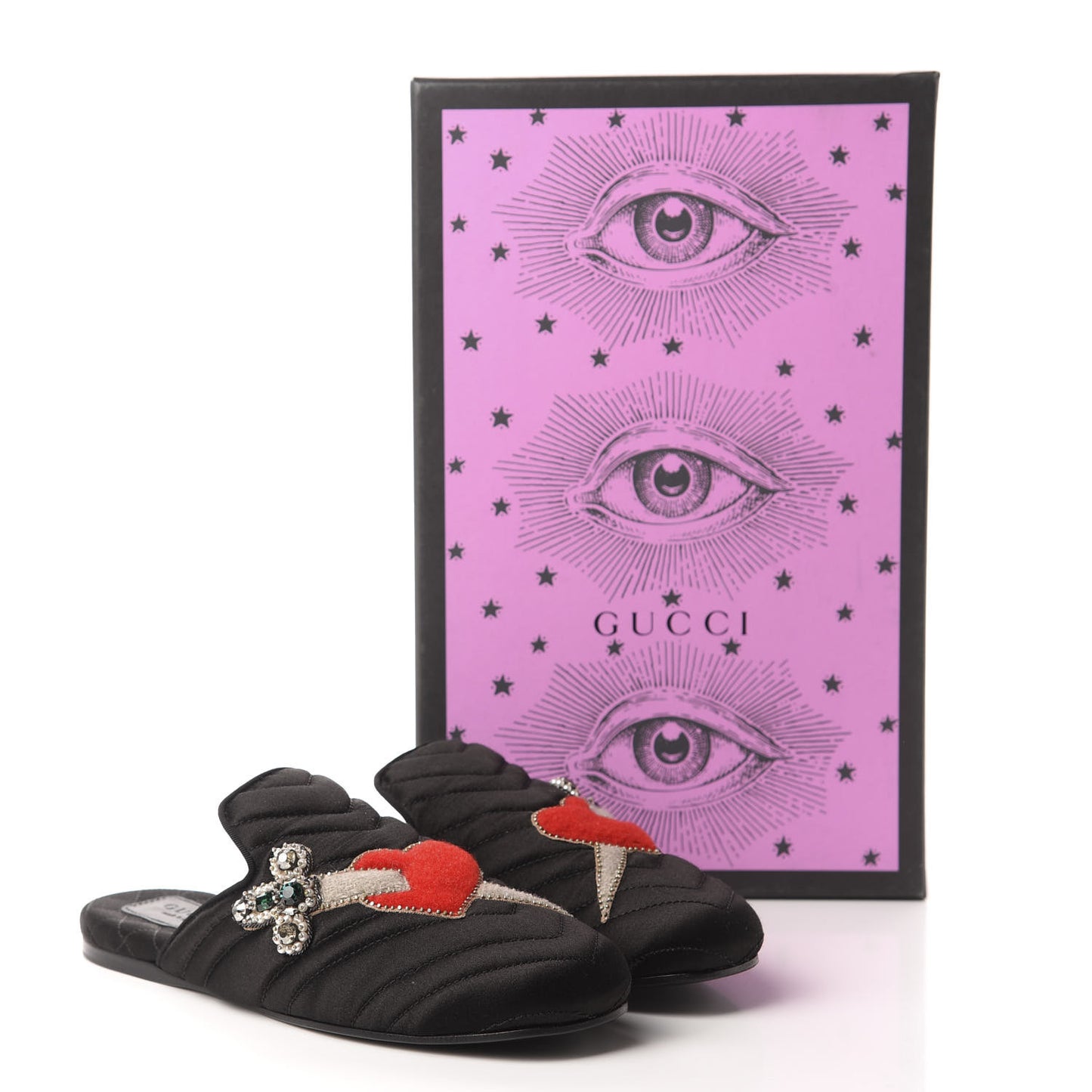 Satin Embroidered Heart and Dagger Slippers 36 Black