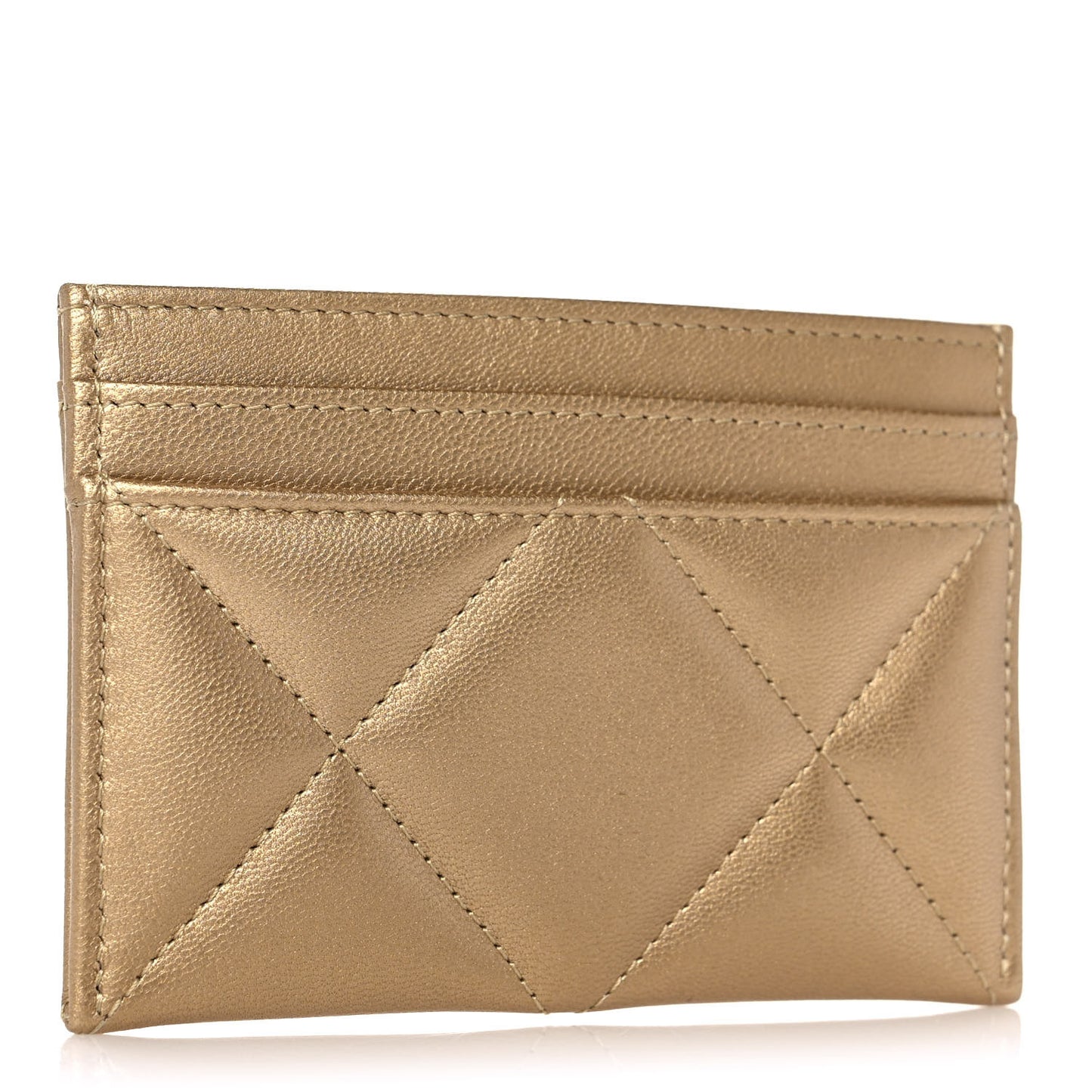 Metallic Lambskin Quilted Chanel 19 Card Holder Gold