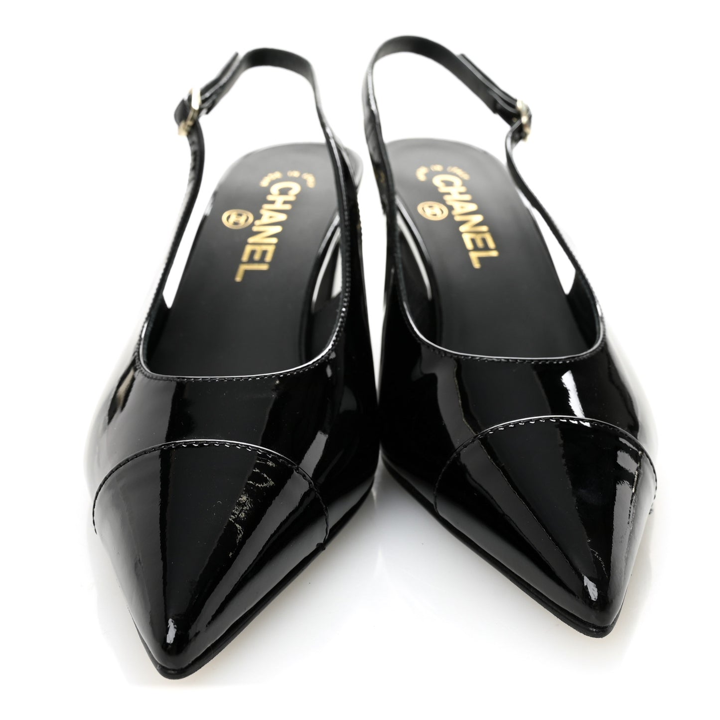 Patent Calfskin Cap Toe CC Slingback Pumps 36.5 Black