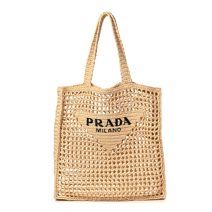 Prada Yarn Raffia Effect Crochet Logo Embroidered Tote Bag Naturale 1 of 8
