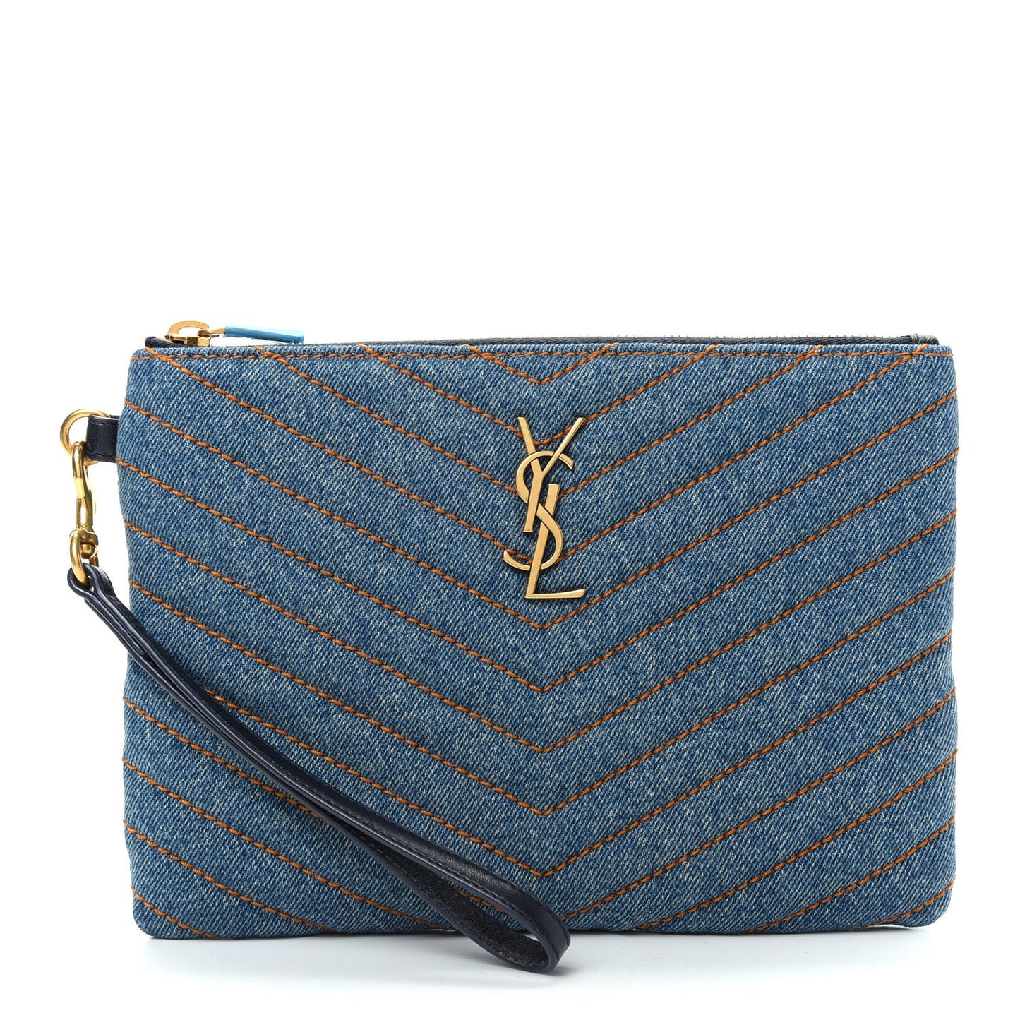 Denim Matelasse Chevron Monogram A5 Wristlet Blue