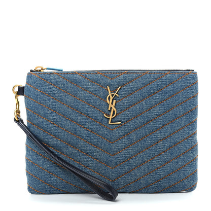 Saint Laurent Denim Matelasse Chevron Monogram A5 Wristlet Blue 1 of 8