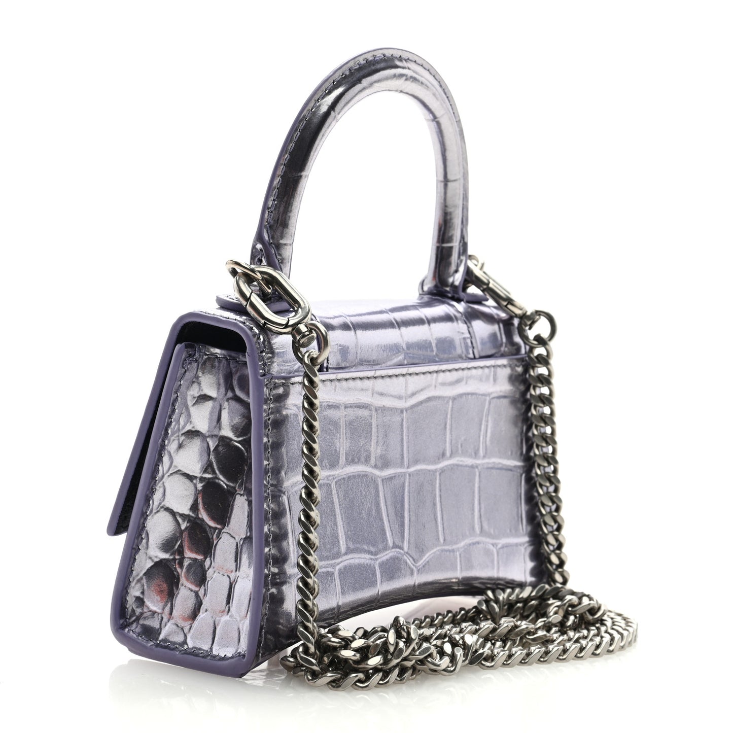 Metallic Calfskin Crocodile Embossed Hourglass Top Handle Bag Mini with Chain Lilac