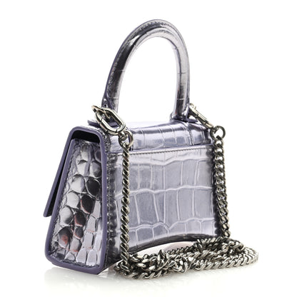 Balenciaga Metallic Calfskin Crocodile Embossed Hourglass Top Handle Bag Mini with Chain Lilac 3 of 8