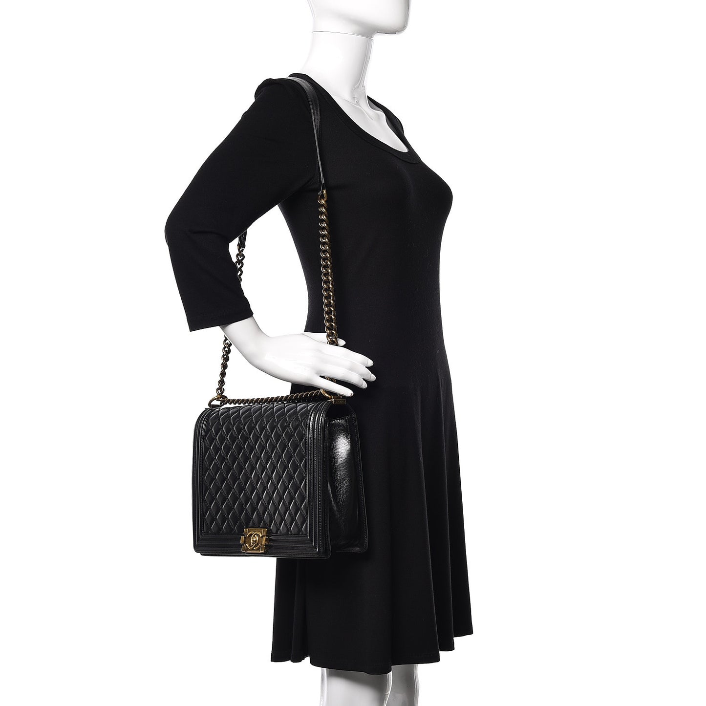 Glazed Calfskin Quilted Large Boy Flap Black