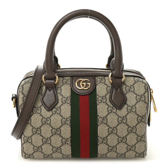 Gucci GG Supreme Monogram Textured Dollar Calfskin Web Mini Ophidia Top Handle Bag Beige Ebony New Acero 1 of 9