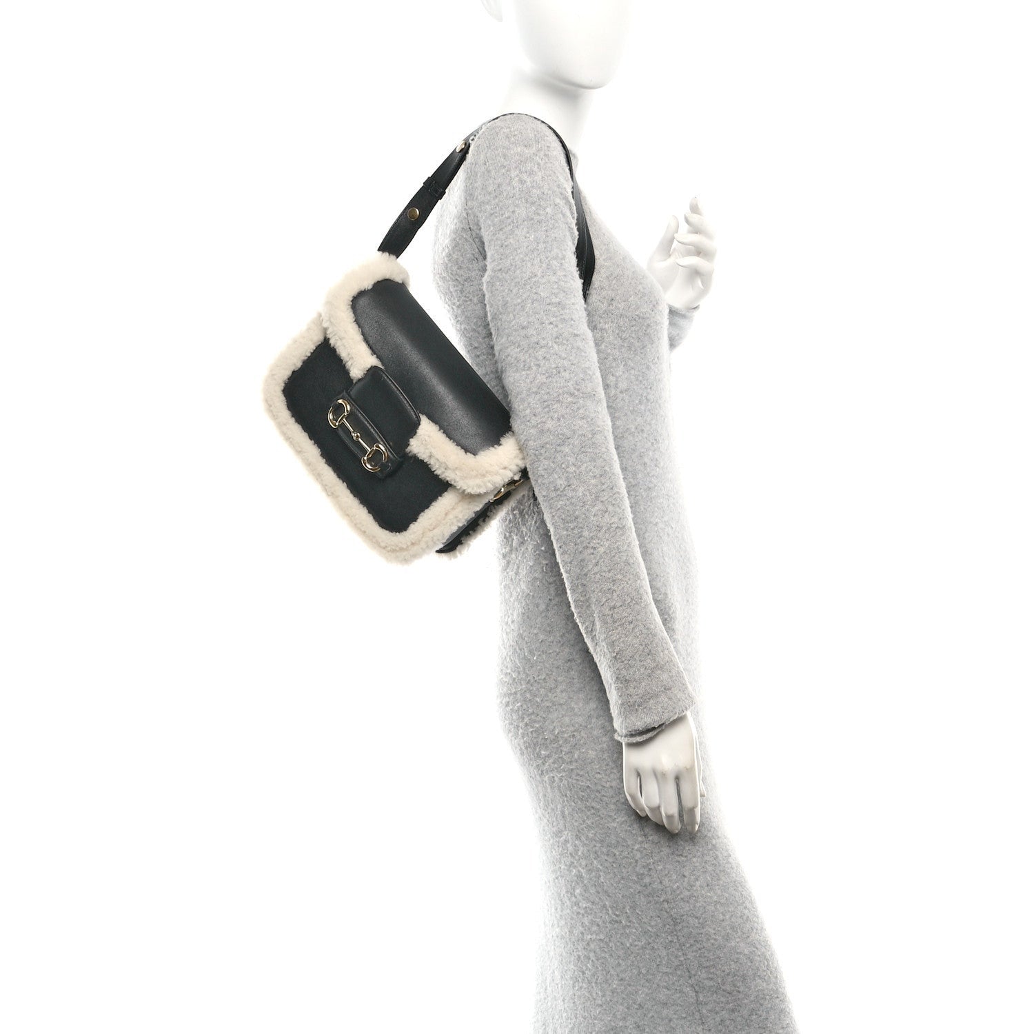 Gucci Sakai Be Green Calfskin Shearling Horsebit 1955 Shoulder Bag Black 2 of 7