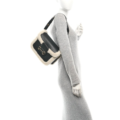 Gucci Sakai Be Green Calfskin Shearling Horsebit 1955 Shoulder Bag Black 2 of 7