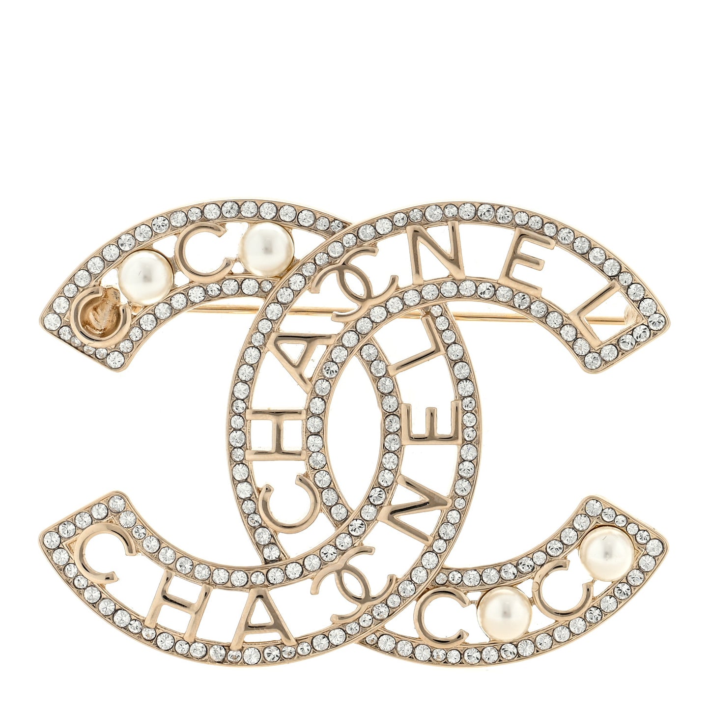 Crystal Pearl Coco CC Logo Brooch Gold