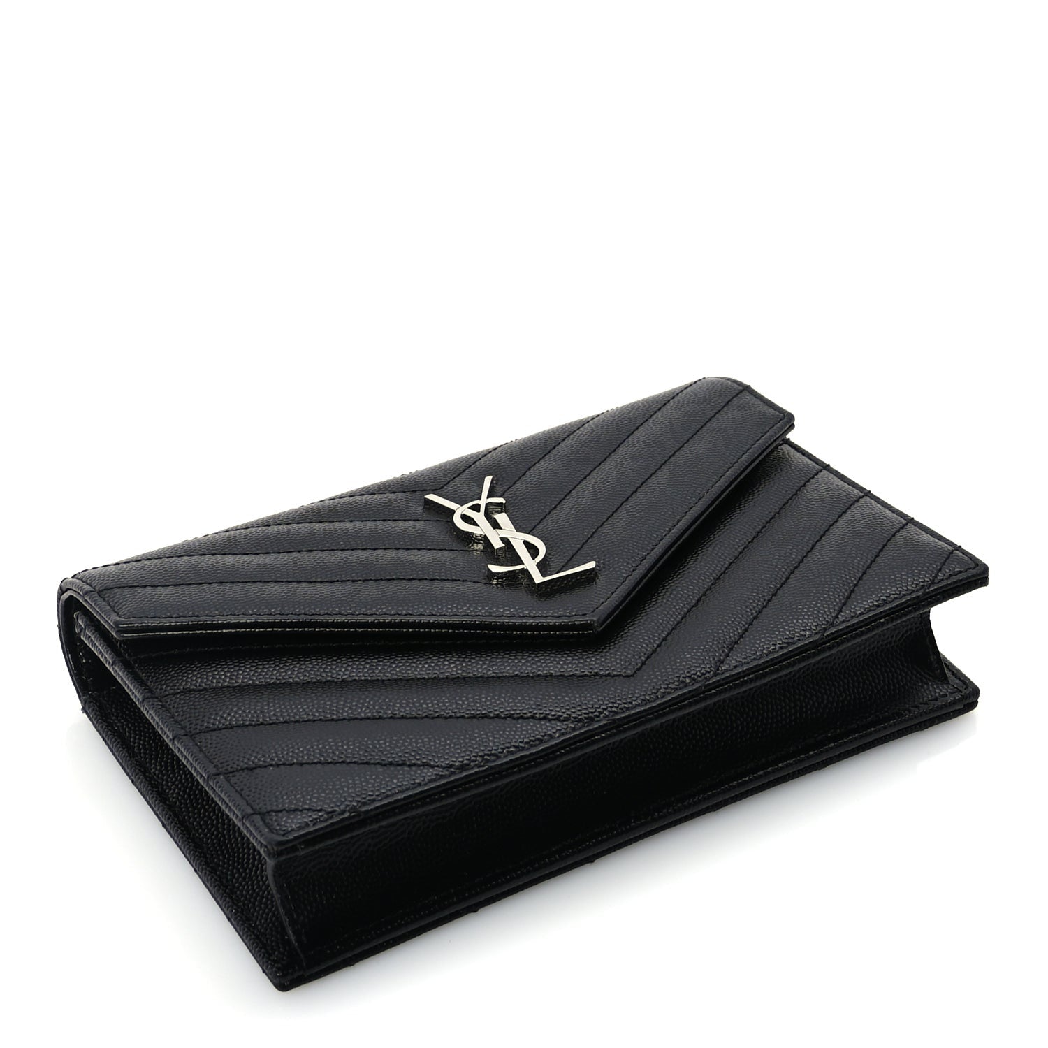 Saint Laurent Grain De Poudre Matelasse Chevron Monogram Envelope Chain Wallet  Black 3 of 8