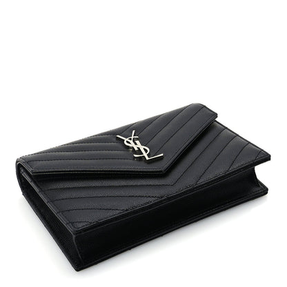 Saint Laurent Grain De Poudre Matelasse Chevron Monogram Envelope Chain Wallet  Black 3 of 8
