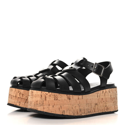 Prada Rubber Soft Cork Triangle Fisherman 75mm Platform Sandals 37 Black 4 of 7
