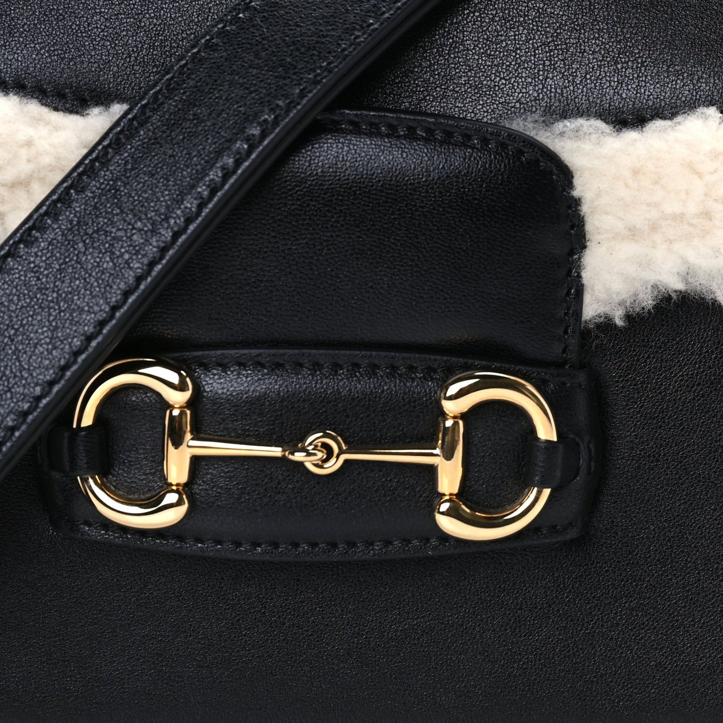 Sakai Be Green Calfskin Shearling Horsebit 1955 Shoulder Bag Black