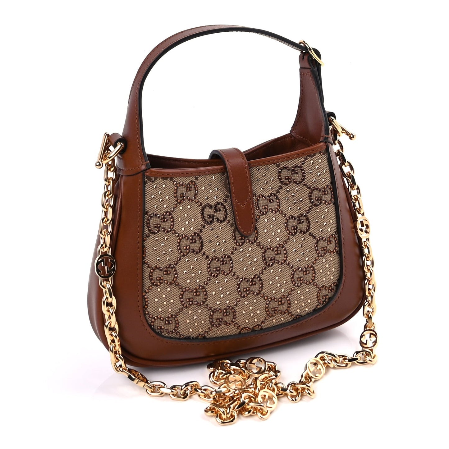 New Canvas Charisma Calfskin Crystal GG Monogram Mini Jackie 1961 Hobo Camel Ebony