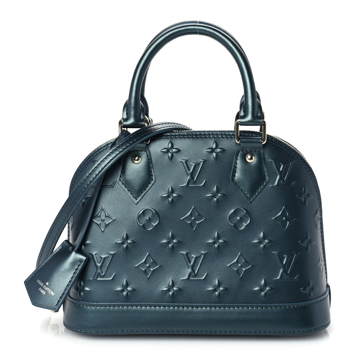 Metallic Calfskin Debossed Monogram Alma BB Steel Blue