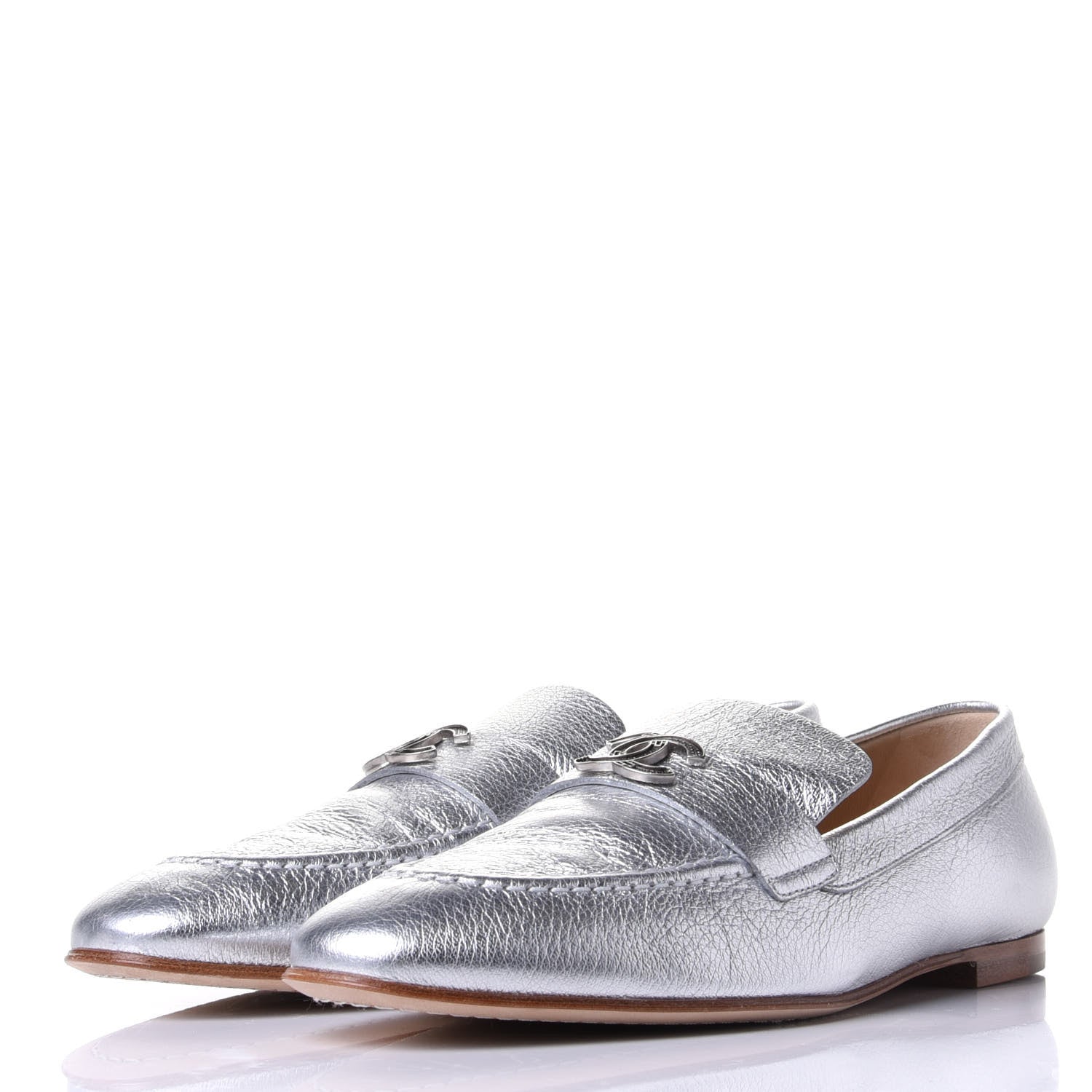 Chanel Crackled Goatskin Laminated CC Loafers 37.5 Silver 3 of 10