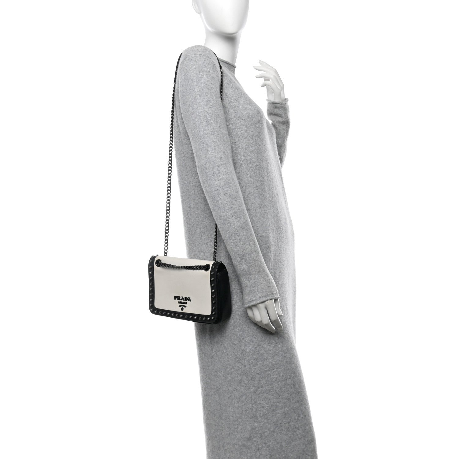 Prada Glace Calfskin Studded Crossbody White Black 2 of 7