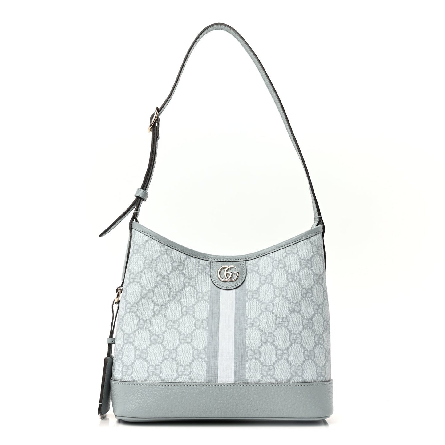 GG Supreme Monogram Textured Dollar Calfskin Web Small Ophidia Bucket Shoulder Bag Dusty Blue
