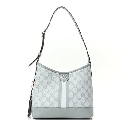 Gucci GG Supreme Monogram Textured Dollar Calfskin Web Small Ophidia Bucket Shoulder Bag Dusty Blue 2 of 10