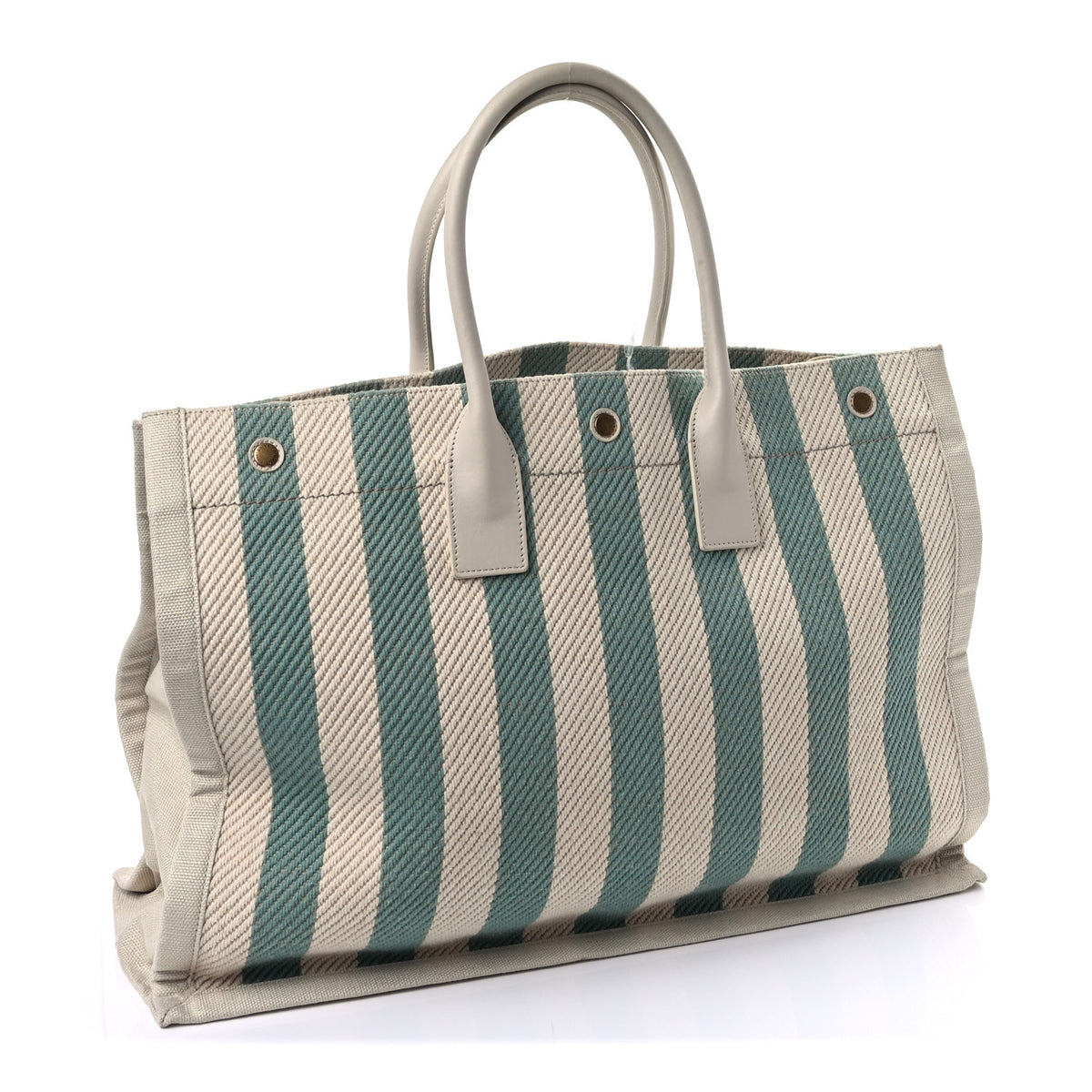 Saint Laurent Cotton Linen Calfskin Striped Rive Gauche Tote Water Green 2 of 8