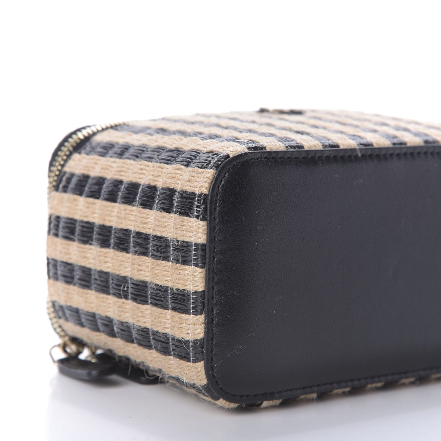 Raffia Jute Striped Small Vanity Case With Chain Black Beige