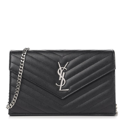 Saint Laurent Grain De Poudre Matelasse Chevron Monogram Chain Wallet Black 1 of 9